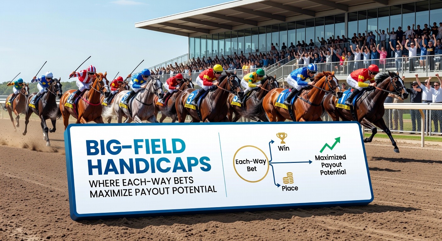 Horses charging down the straight in a massive field handicap race, with the pack stretching out under a clear sky