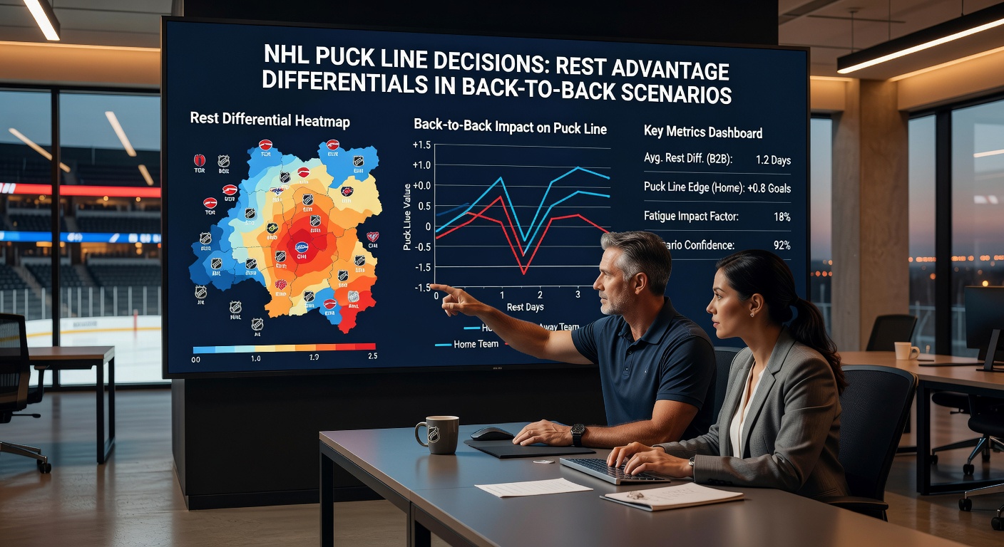 Analytics dashboard displaying NHL rest advantage data for puck line evaluations