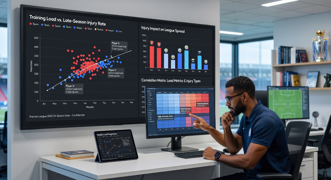 Data analysts reviewing training load dashboards and injury reports ahead of Premier League matchdays