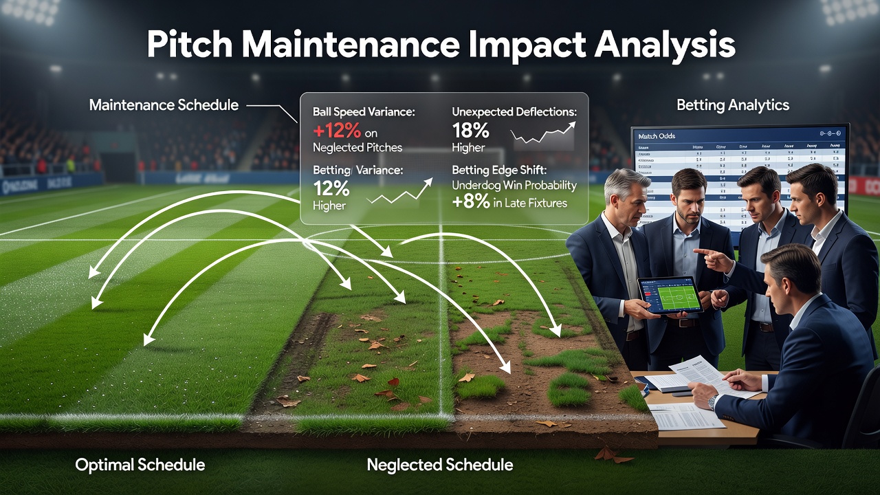 Close-up of pitch surface showing grass length variations affecting ball movement in a lower league match