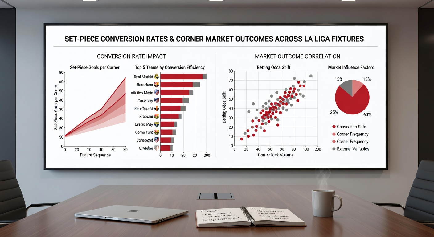 Statistical breakdown graphic illustrating corner conversion percentages and total corner outcomes in La Liga during the 2025-26 season