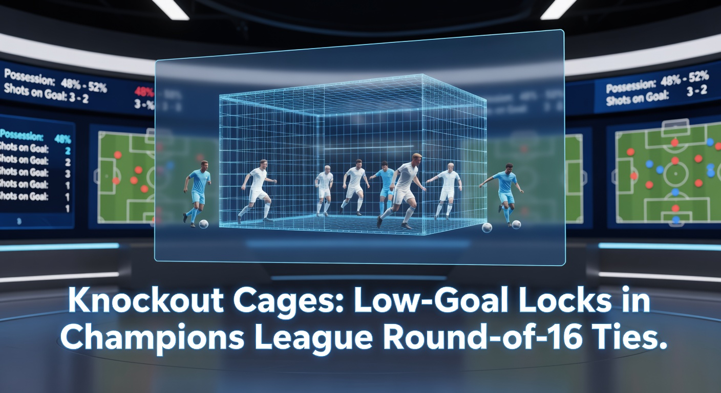 Intense Champions League Round of 16 match with players locked in a defensive battle, highlighting the tight, low-scoring nature of knockout ties
