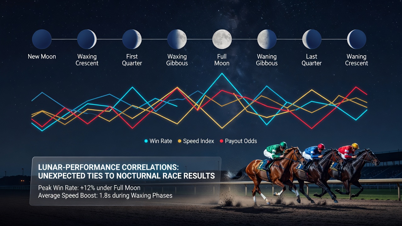 Data charts showing lunar phase correlations with thoroughbred race times at night events