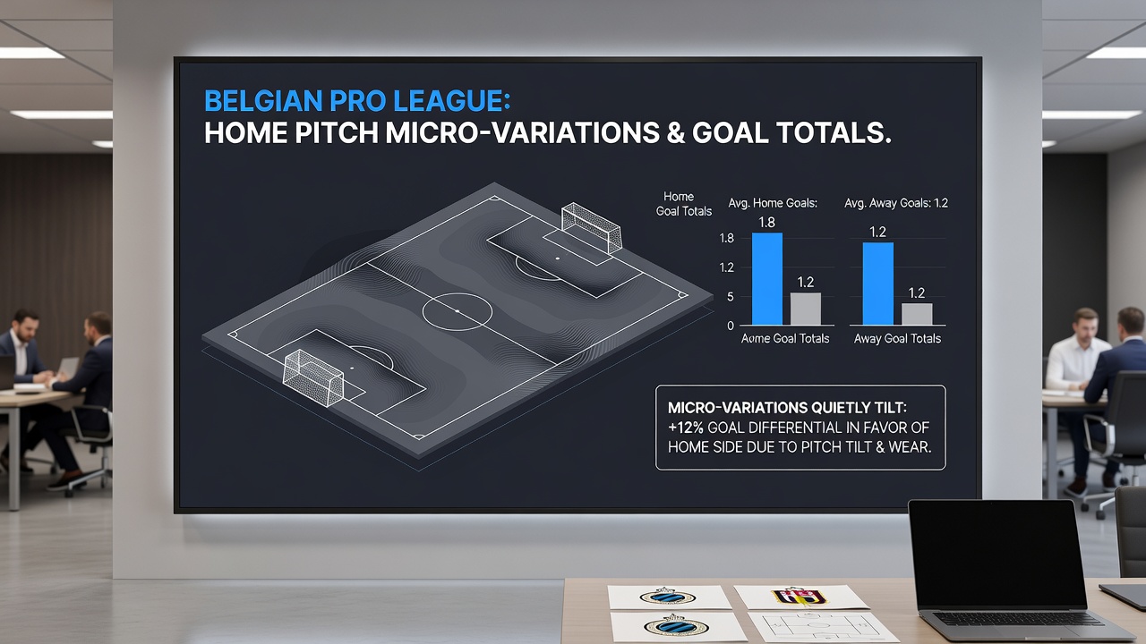 Infographic displaying correlations between pitch moisture levels and average goals scored in Belgian Pro League home games