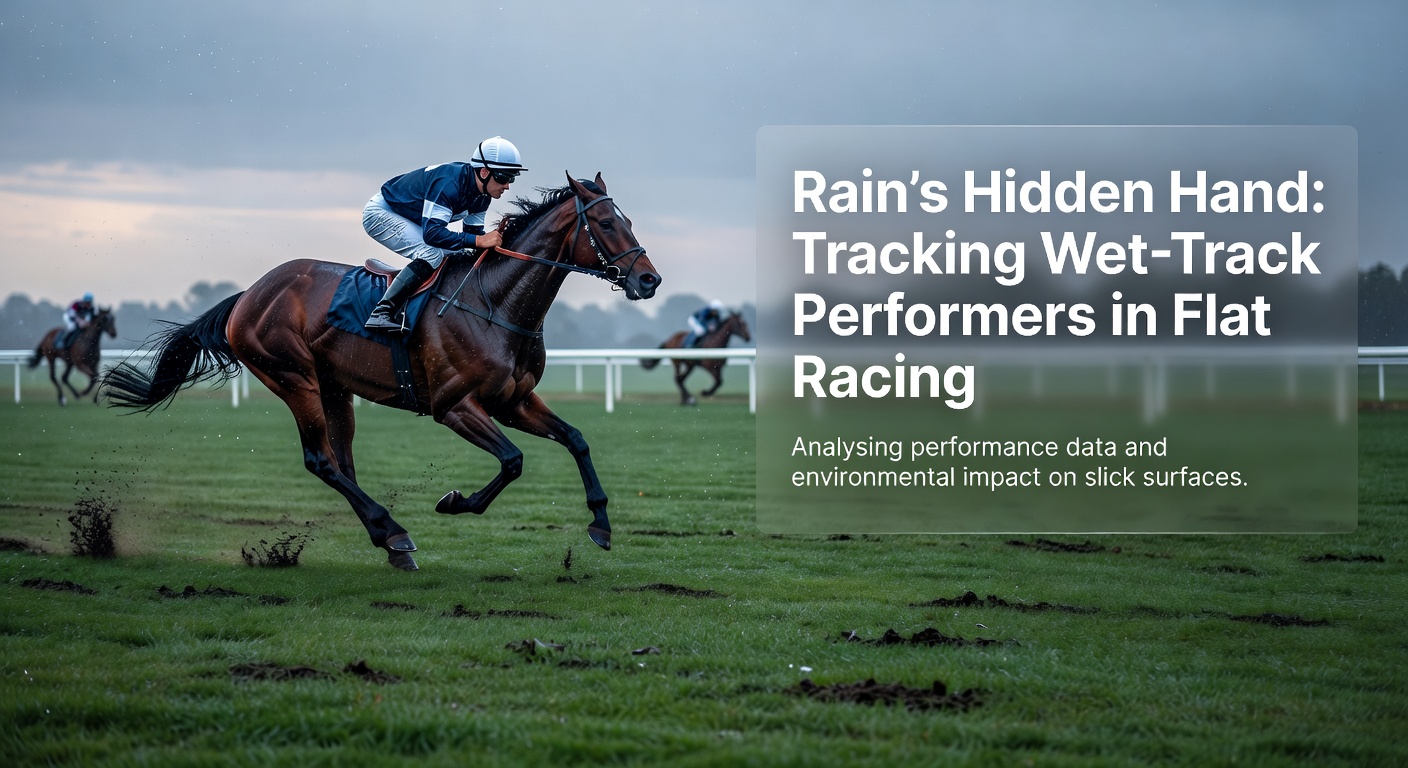A horse splashing through mud on a rain-soaked flat racing track, kicking up water as it accelerates past rivals under gray skies