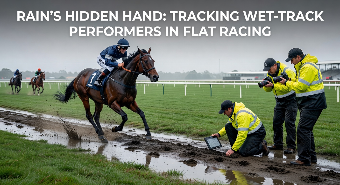 Close-up of jockey urging a bay horse forward on a heavy turf track, mud flying from hooves amid a field of competitors straining in the deluge