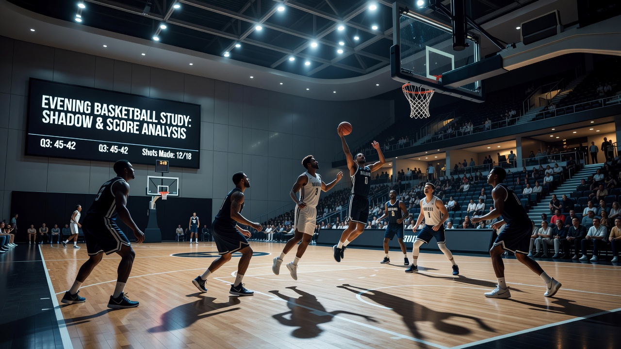 Close-up view of basketball court under evening lights highlighting shadow patterns near the three-point line