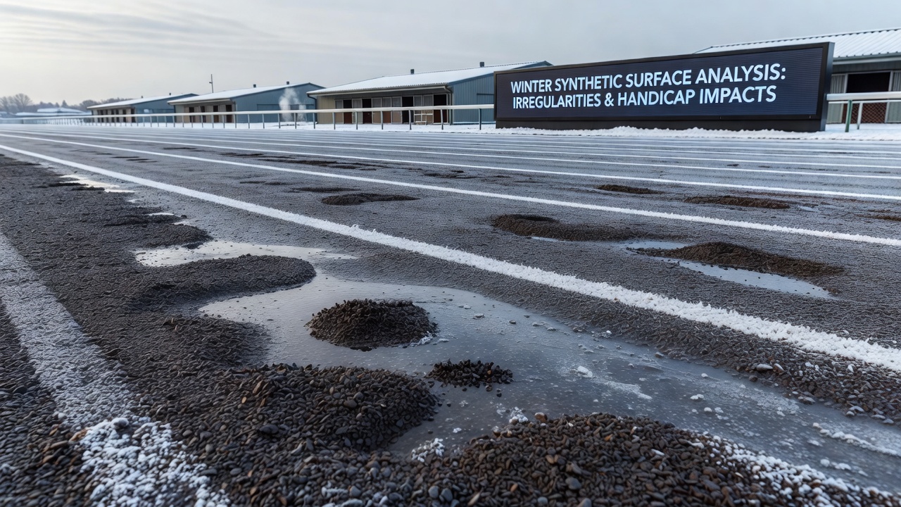 Close-up view of synthetic track surface during winter flat racing meeting