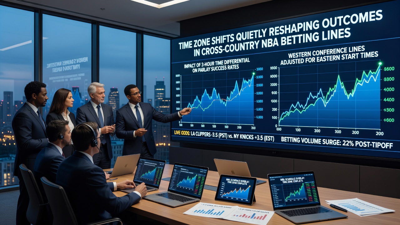 Betting analysts reviewing NBA game data affected by time zone travel