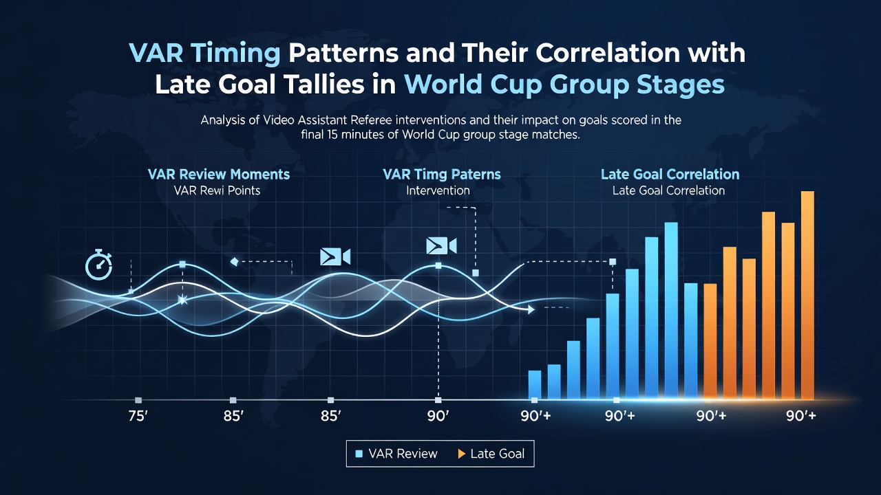 VAR review screen during a World Cup group stage match showing officials analyzing a potential goal decision