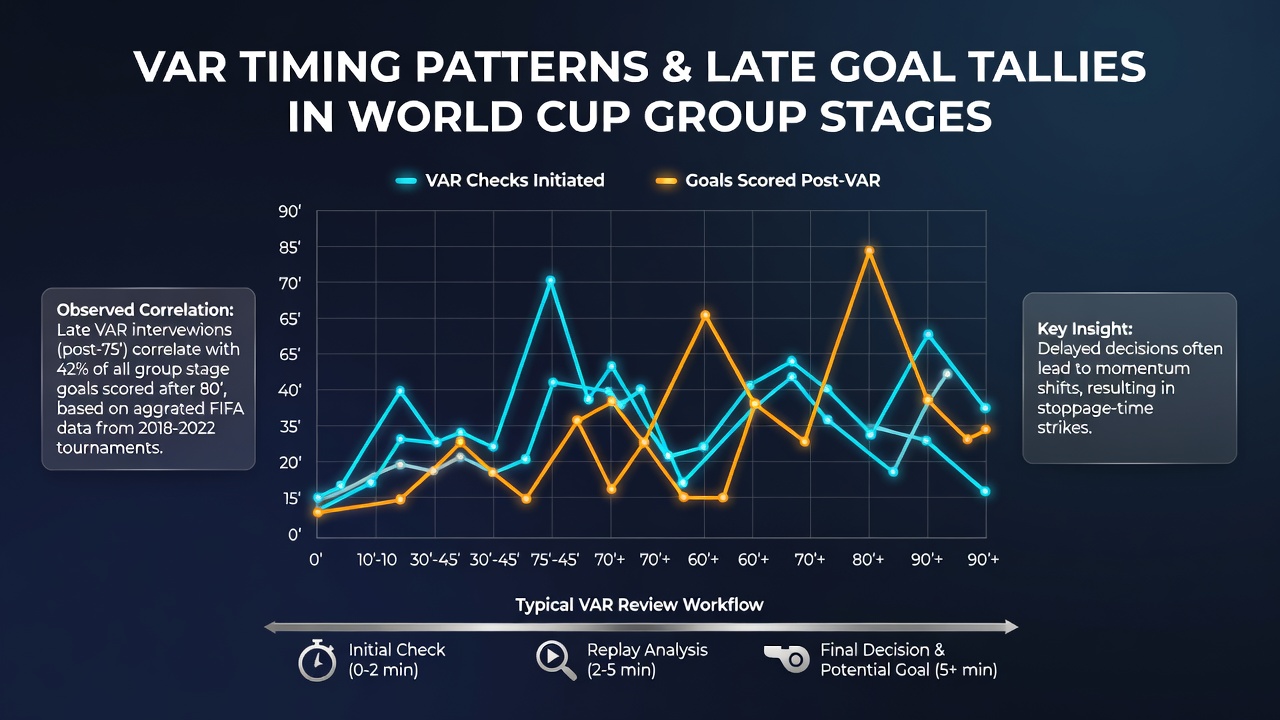 Stadium clock showing stoppage time during a World Cup match with players positioned for a late set piece