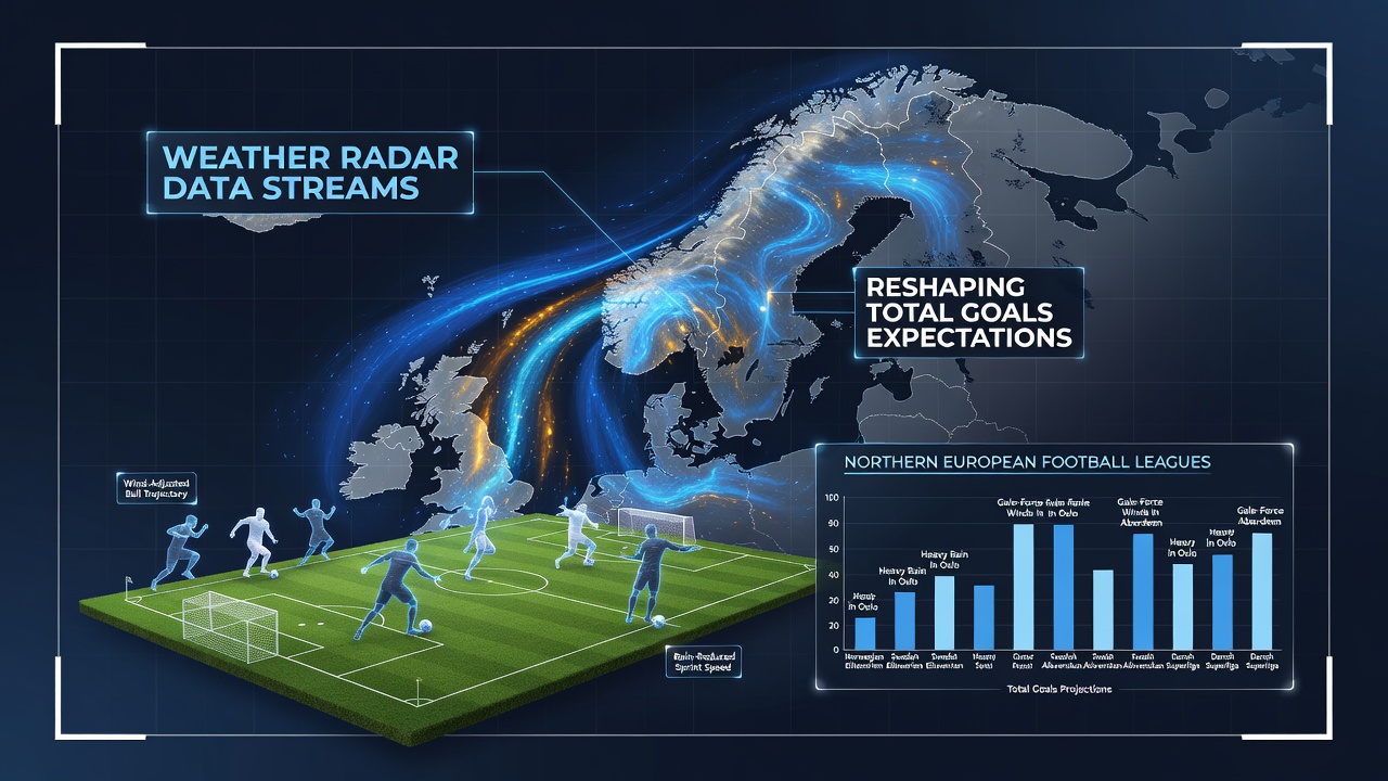 Weather radar visualization overlaid on a northern European football pitch during heavy rainfall