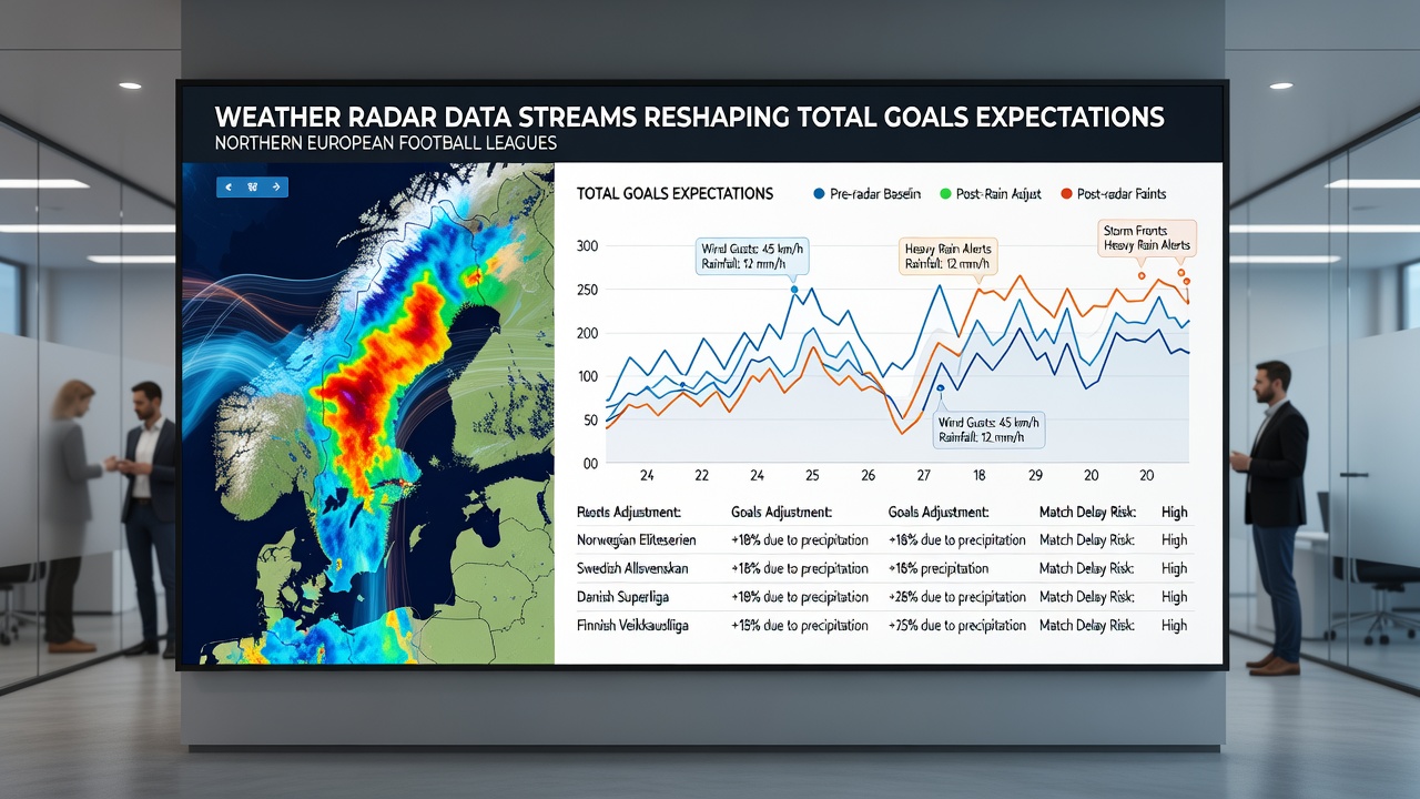 Data analysts reviewing radar precipitation overlays for an upcoming northern European league match